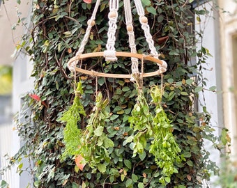 Macrame Herb Drying Rack, Handmade Dried Flower and Herb Rack, Boho Kitchen Decor, Spice Holder, Boho Garden Decor, Gift For Gardener Woman