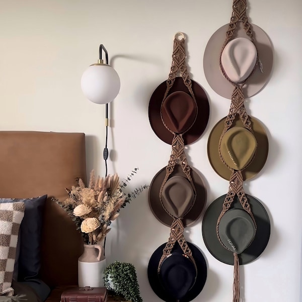 Boho Macrame Hat Hanger, Farmhouse Hat Display, Cowboy Hat Rack, Macrame Hat Holder, Double and Triple Hat Organizer, Housewarming Gift