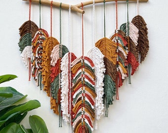 Handmade Macrame Feather Wall Hanging: Boho Leaves Nursery Decor, Neutral Earthy Home Decor Gift