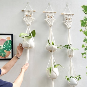 Puede incluir: Tres maceteros colgantes de macramé blancos con diseños de búhos. Cada macetero tiene dos macetas de cerámica blanca con plantas verdes.