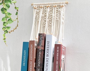 Macrame Hanging Bookshelf, Book Storage Organizer, Boho Hanging Book Holder, Rustic Book Hanger, Bohemian Home Decor, New House Gift