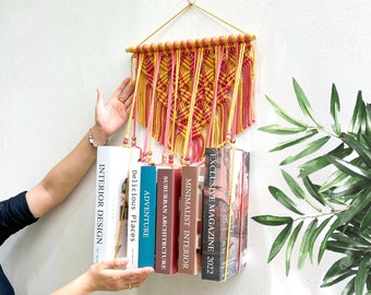 Boho Hanging Book Holder, Macrame Hanging Bookshelf, Handmade Bookshelf Organizer, Rustic Book Decor, Boho Home Decor, Housewarming Gift