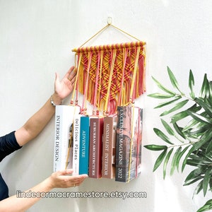 Boho Hanging Book Holder, Macrame Hanging Bookshelf, Handmade Bookshelf Organizer, Rustic Book Decor, Boho Home Decor, Housewarming Gift