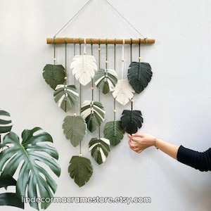 Monstera Leaves Wall Hanging Macrame, Large Leaf Macrame Wall Art, Rustic Leaf Wall Decor, Green Leaf Painting On The Wall, First Home Gift