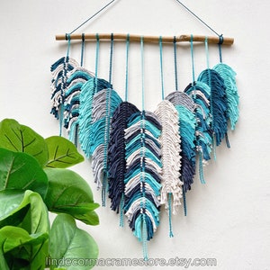 Rustic Handmade Macrame Leaves Wall Decor, Macrame Feather Wall Hanging, Modern Blue Macrame Wall Decor, Boho Home Decor, Housewarming Gift