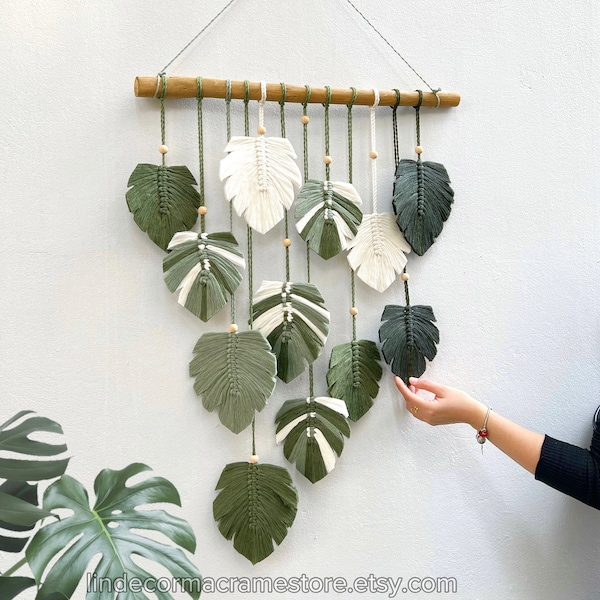 Monstera Leaves Handmade Wall Decor, Green Leaf Macrame Wall Hanging, Scandinavian Decor, Boho Nursery Decor, New Home Gift, Mother Day Gift