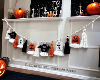 Custom Ghost Halloween Garland, Macrame Halloween Decor, Halloween Party Decor, Spooky Decor, Boho Garland For Mantel, Scary Halloween Decor