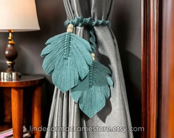 Boho Macrame Leaf Curtain Tie Backs: Handmade Cotton Window Holdback