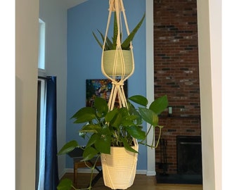 2 Tier Tassel Free Double Macrame Plant Hanger, Simple Minimalist No Tassel Macrame Plant Hanger, Double Plant Holder For Indoor Outdoor