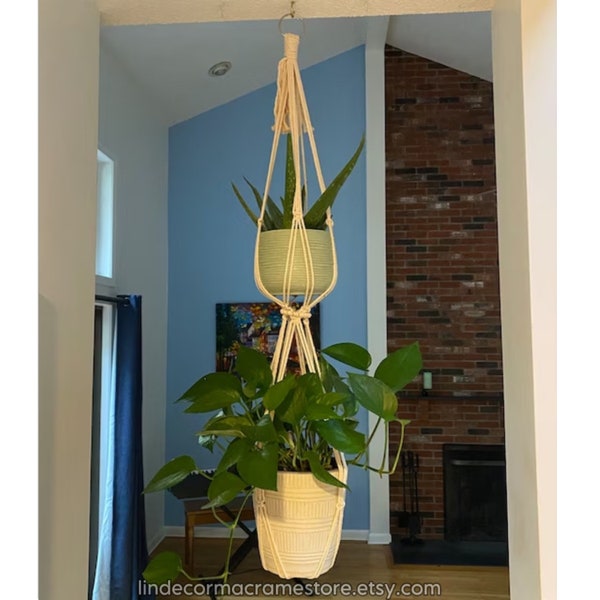 2 Tier Tassel Free Double Macrame Plant Hanger, Simple Minimalist No Tassel Macrame Plant Hanger, Double Plant Holder For Indoor Outdoor