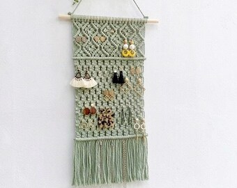 Sage Green Macrame Jewelry Holder, Boho Wall Hanging Jewelry Organizer, Minimalist Earring Display