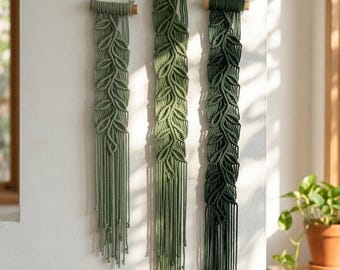 Macrame Narrow Leaves Wall Hanging, Vertical Leaf Narrow Wall Decor, Boho Macrame Leaves Wall Art, Long Narrow Vines Decor Set, Mom Gift