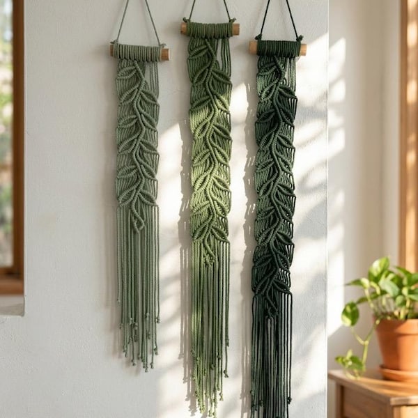 Macrame Narrow Leaves Wall Hanging, Vertical Leaf Narrow Wall Decor, Boho Macrame Leaves Wall Art, Long Narrow Vines Decor Set, Mom Gift