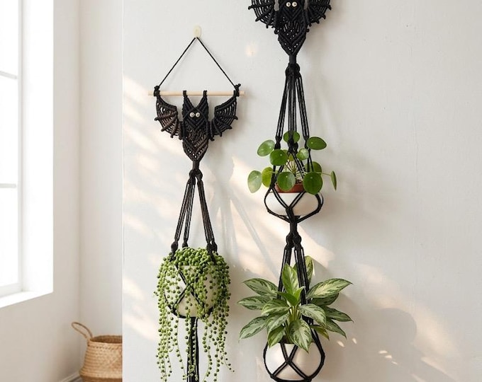 2 Tier Macrame Bat Plant Hanger, Boho Gothic Wall Decor, Witchy Room Accent