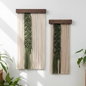 Macrame blad wijnstok muur hangen, garen muur hangen, smalle wijnstok muur kunst, moderne vezelkunst, tropisch huis decor, lente huis kunst, moeder cadeau