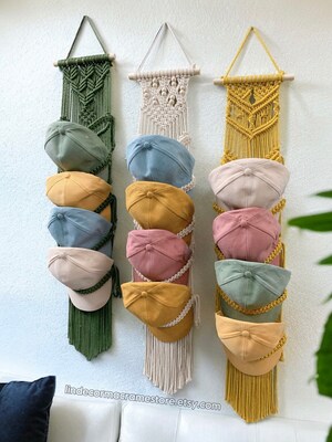 Porte-casquettes En Macramé Bohème (90 Cm) - Cintre Mural Ou De Porte Tissé Main Pour Ranger 6 Casquettes De Baseball