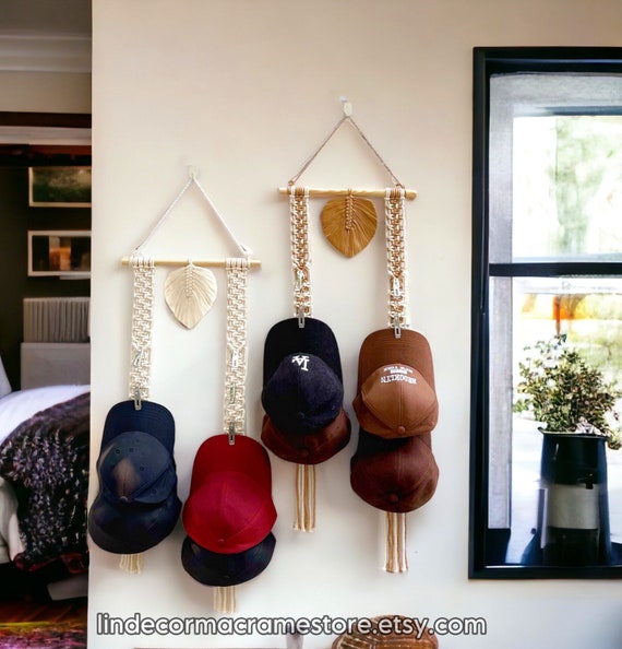 Macrame Baseball Cap Hat Rack, Wall Mounted Cap Display Rack