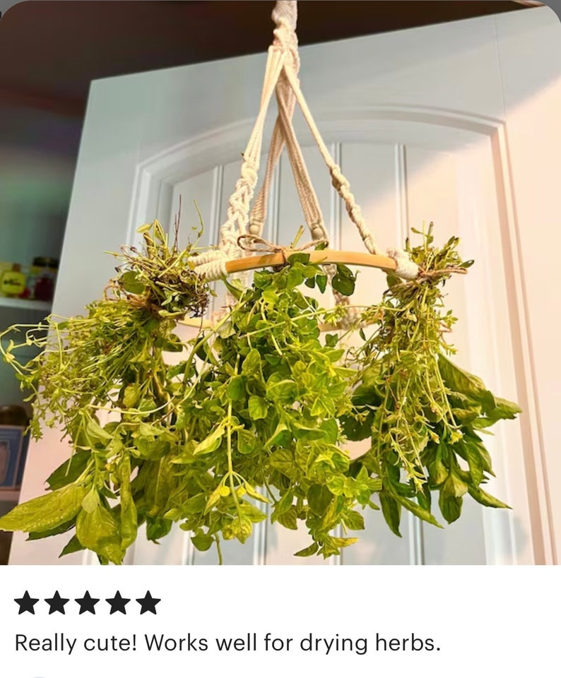 May include: A white macrame hanging herb drying rack with a bamboo ring, holding bunches of fresh herbs.