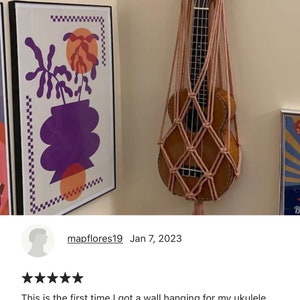 May include: A pink macrame wall hanging with a ukulele inside. The ukulele is brown with a light brown fretboard and has the word "Chana" written on the headstock. The wall hanging is hanging on a wall with a framed print of a purple vase with orange and pink flowers.