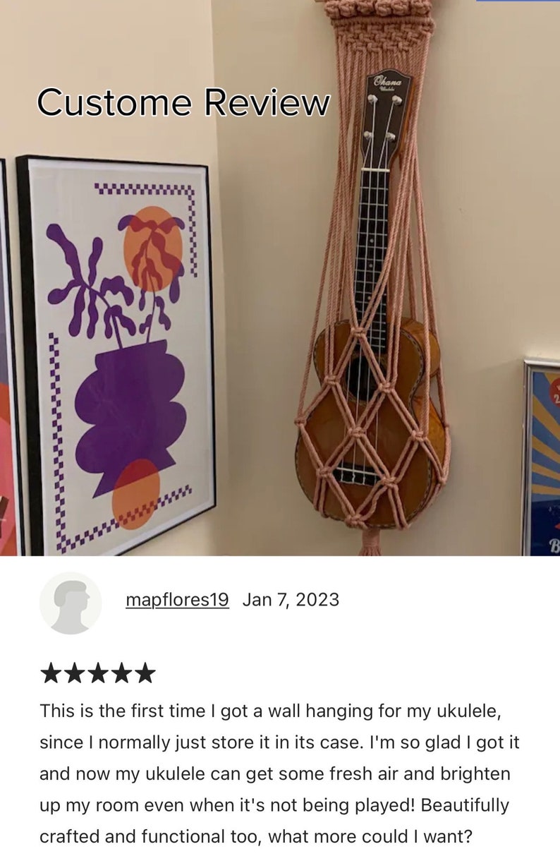 May include: A pink macrame wall hanging with a ukulele inside. The ukulele is brown with a light brown fretboard and has the word "Chana" written on the headstock. The wall hanging is hanging on a wall with a framed print of a purple vase with orange and pink flowers.