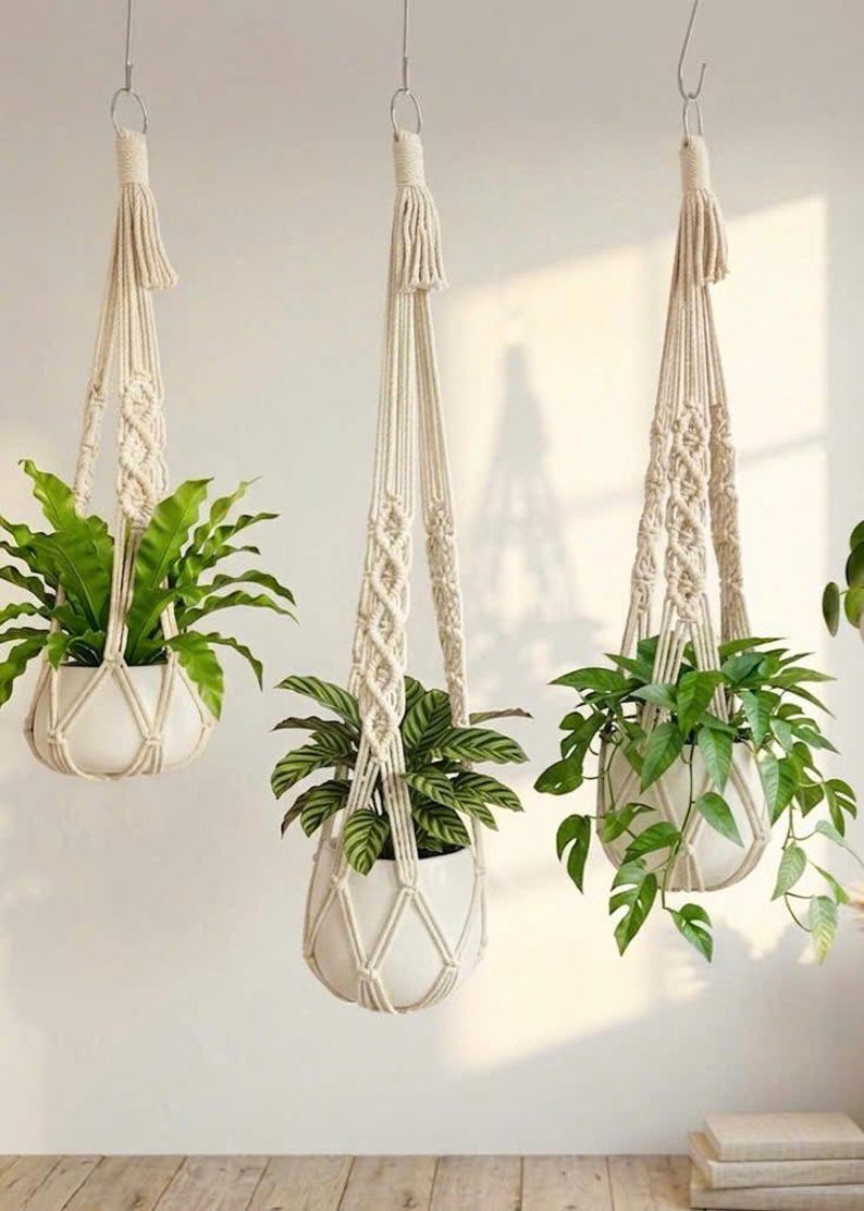 May include: Three hanging macrame plant holders with white ceramic pots and green plants. The macrame hangers are cream-colored and feature intricate woven patterns. The plants have lush green foliage, adding a natural touch to the decor.