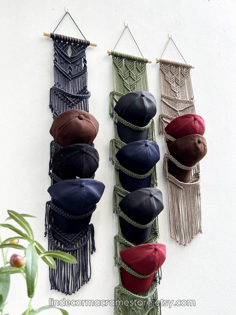 Macrame Baseball Cap Holder Pattern, Handmade Hat Rack, Wall Mount ...