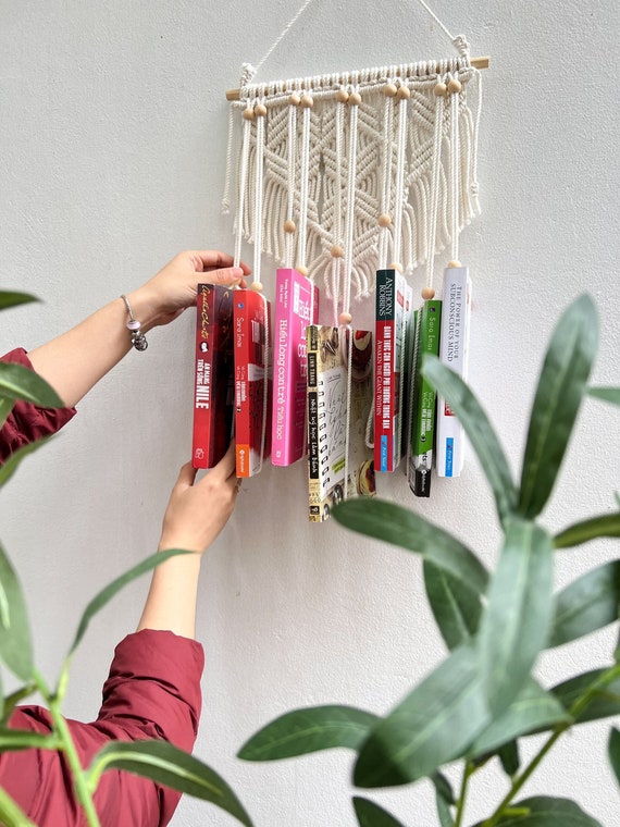 Macrame Hanging Book Holder, Book Handmade Storage Organizer