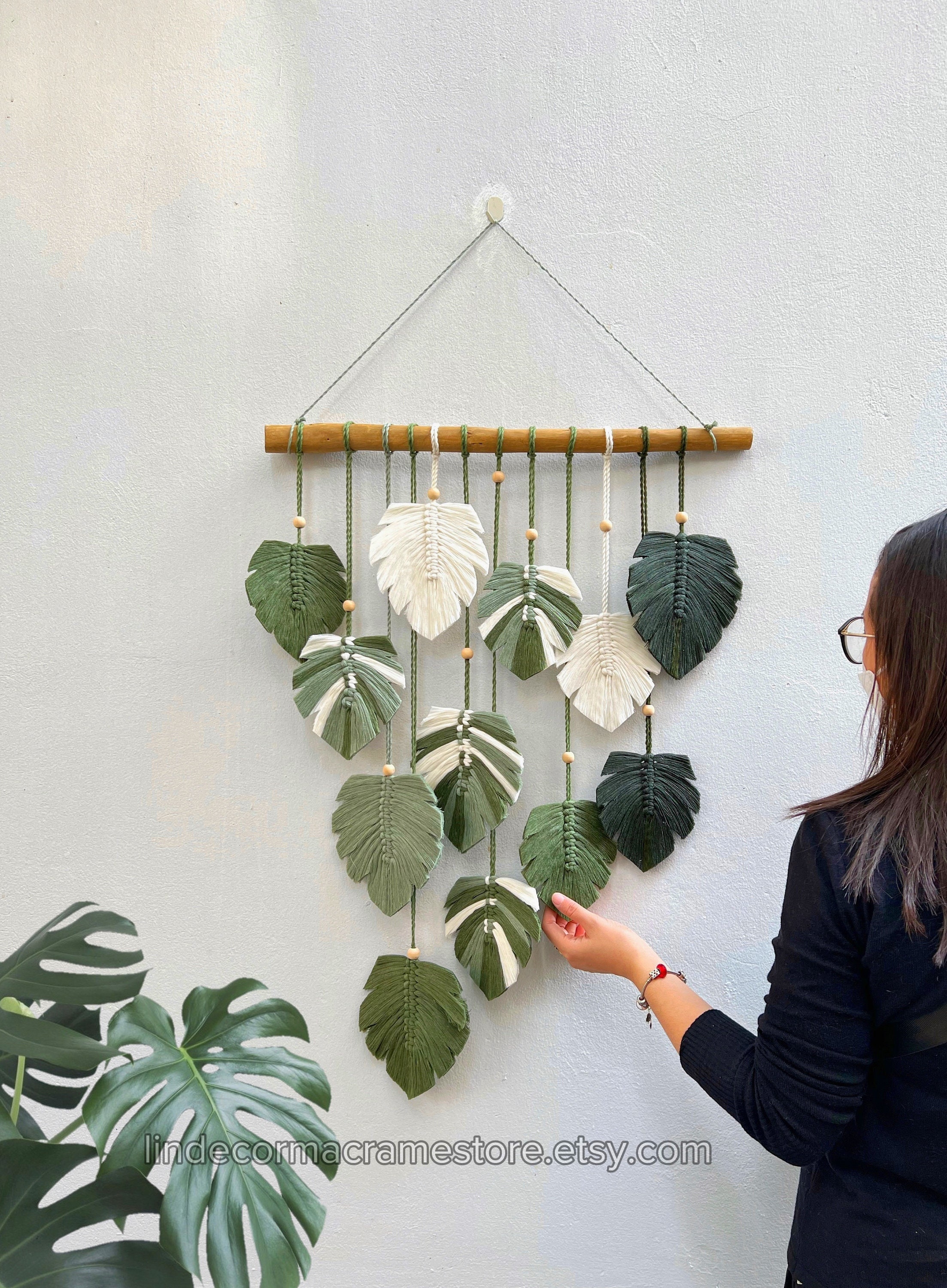 Monstera Macrame Leaves Handmade Wall Decor, Green Monstera Leaf Wall Art, Nursery Wall Hanging Leaves, Rustic Wall Decor, Housewarming Gift