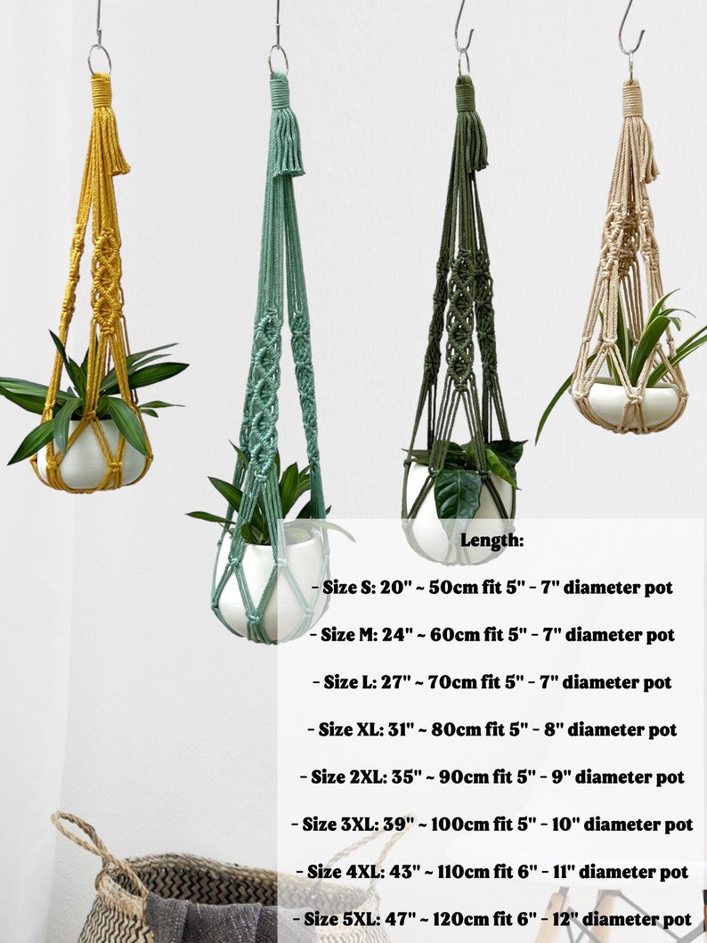 May include: Four macrame plant hangers in yellow, teal, olive green, and beige, each holding a white ceramic pot with a green plant. The hangers are suspended from metal hooks. The image includes size details: 20"-120" length.