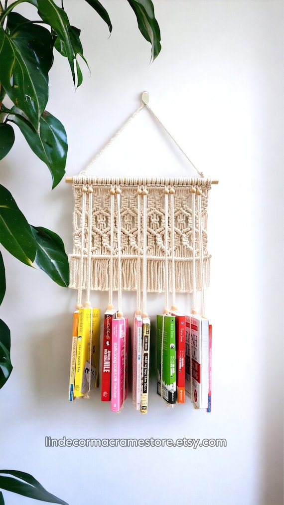 Macrame Hanging Book Shelf, Rustic Book Holder, Book Handmade