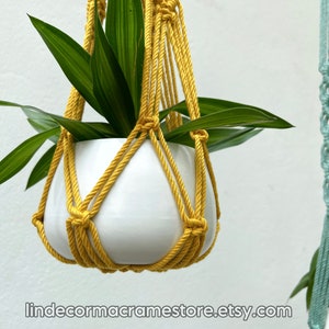 May include: A yellow macrame plant hanger holds a white ceramic pot with green leafy plants. The macrame is made of thick, twisted rope. The Etsy shop name is visible at the bottom of the image.