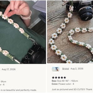 May include: A camera strap featuring a repeating pattern of crocheted white flowers with yellow centers connected by a green yarn cord. The strap includes metal swivel clips at both ends for attachment to a camera, with lengths of 36 inches and 40 inches.