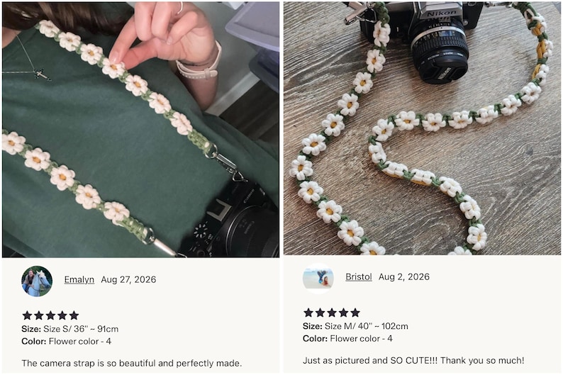 May include: A camera strap featuring a repeating pattern of crocheted white flowers with yellow centers connected by a green yarn cord. The strap includes metal swivel clips at both ends for attachment to a camera, with lengths of 36 inches and 40 inches.