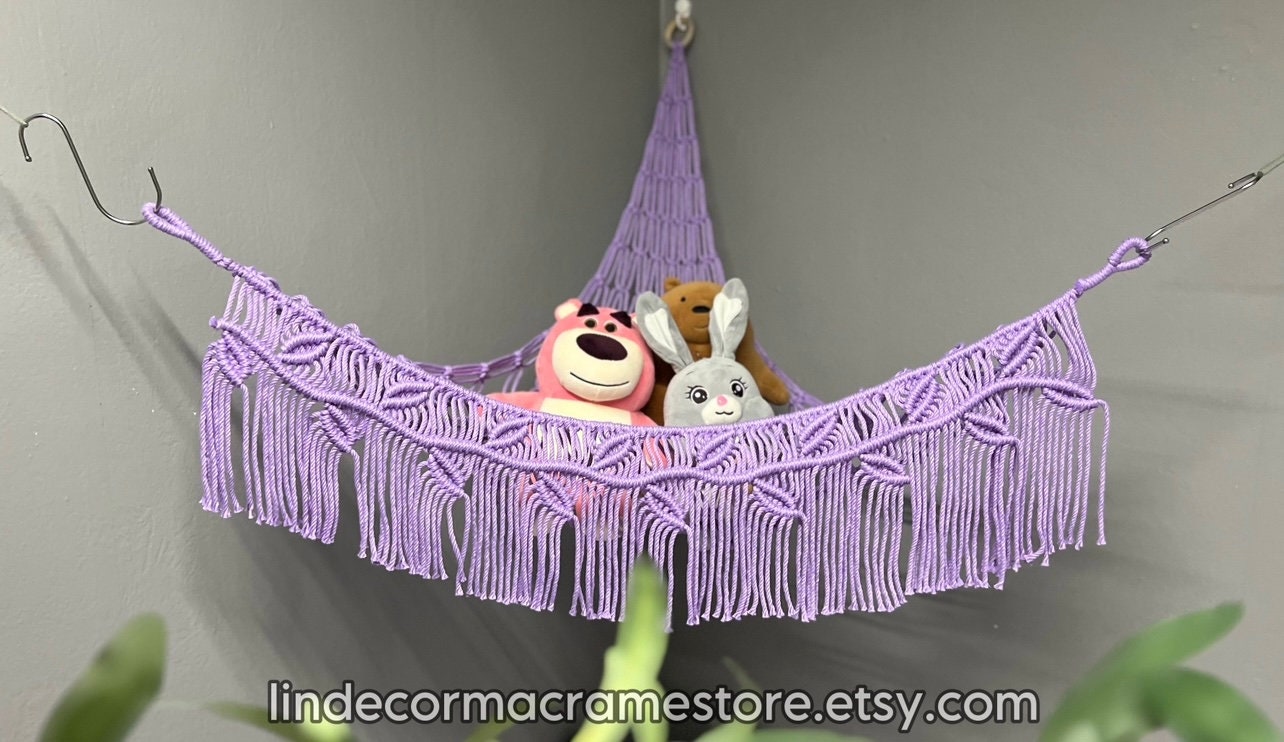 Povxlum Hamac Carré Macramé Bohème - Filet Rangement Peluches, Organiseur Mural Angle, Blanc