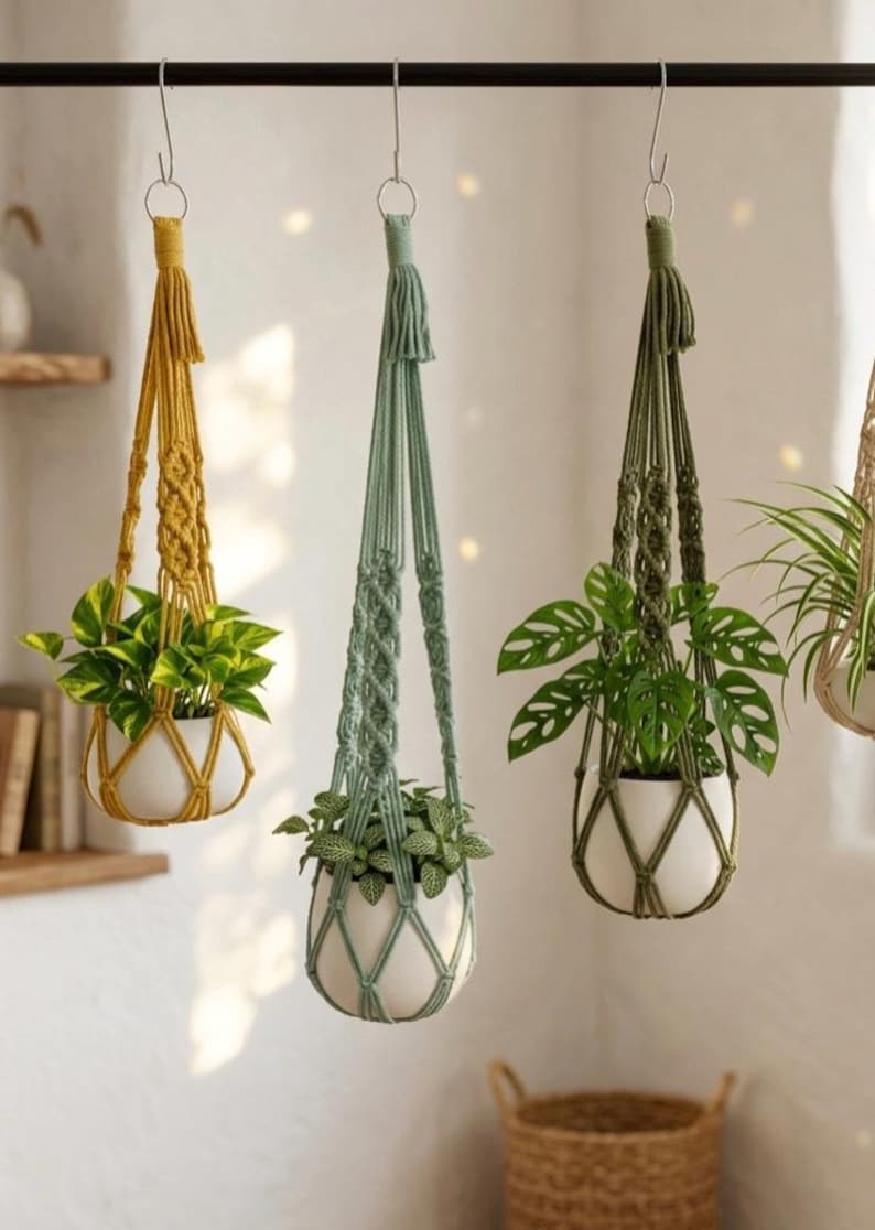 May include: Three hanging macrame plant holders in shades of yellow, green, and olive green, each holding a different type of leafy green plant in a white ceramic pot. The macrame hangers are suspended from a black metal bar.