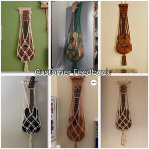 May include: A collection of macrame wall hangings with different colored cords and designs. Each hanging features a ukulele in the center, with the cords forming a decorative pattern around it. The hangings are displayed on a variety of backgrounds, including a white wall, a wooden door, and a brick wall.