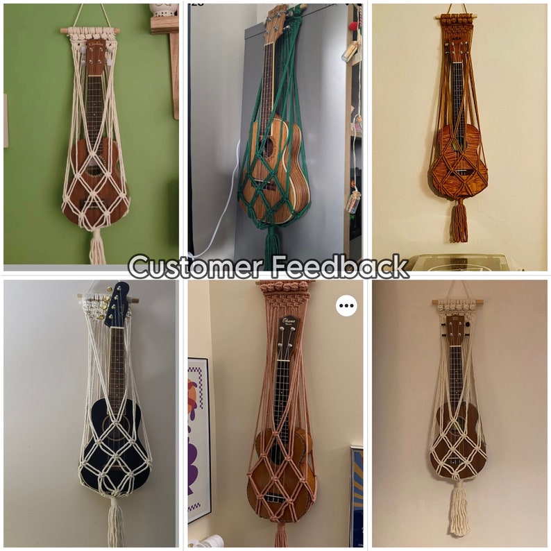 May include: A collection of macrame wall hangings with different colored cords and designs. Each hanging features a ukulele in the center, with the cords forming a decorative pattern around it. The hangings are displayed on a variety of backgrounds, including a white wall, a wooden door, and a brick wall.