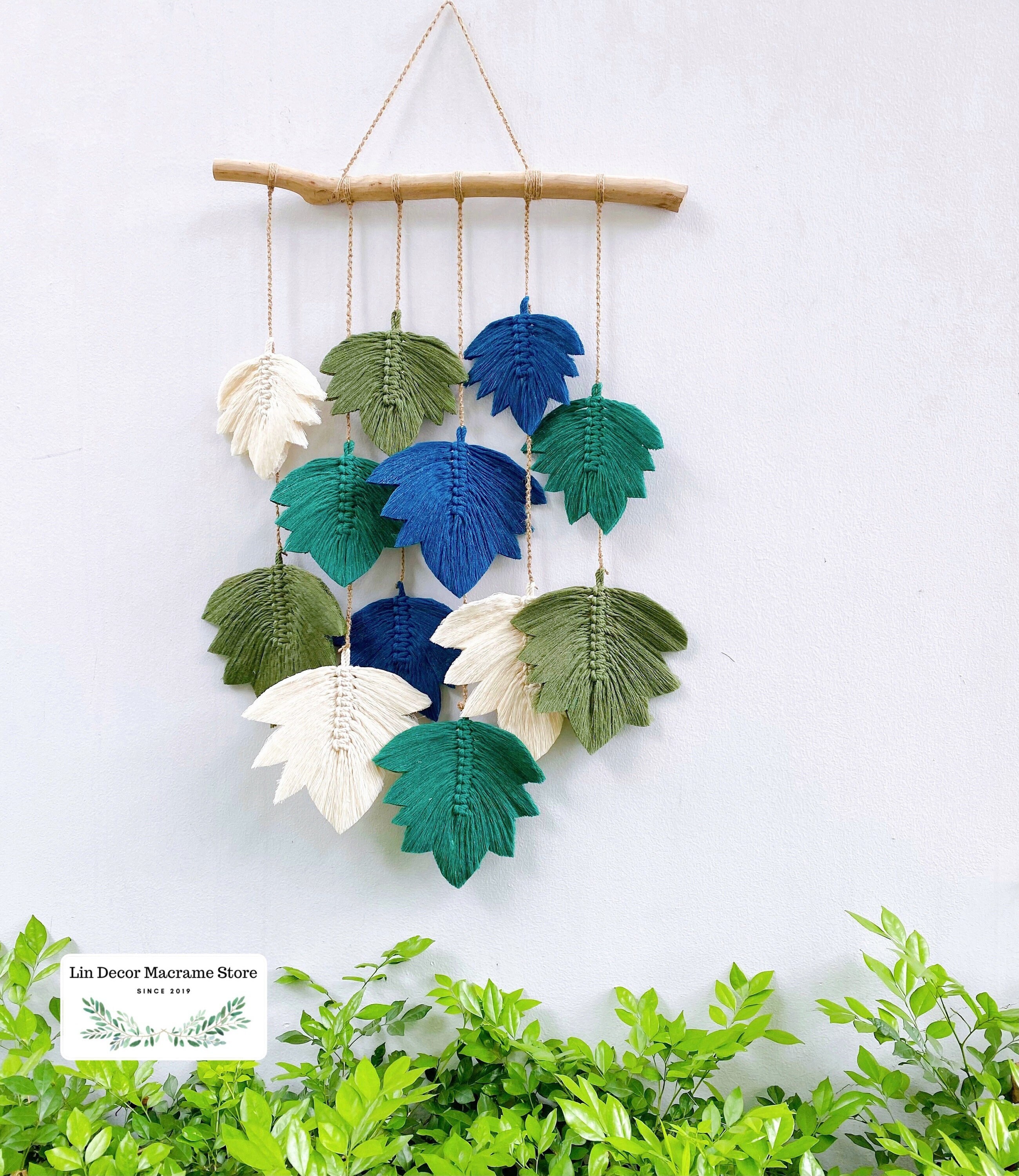 UXORSN Tapisserie Murale Macramé Feuilles Vertes Bohème - Suspension Coton Tissé Main 68x40 Cm - Décoration Boho Chic Salon Chambre