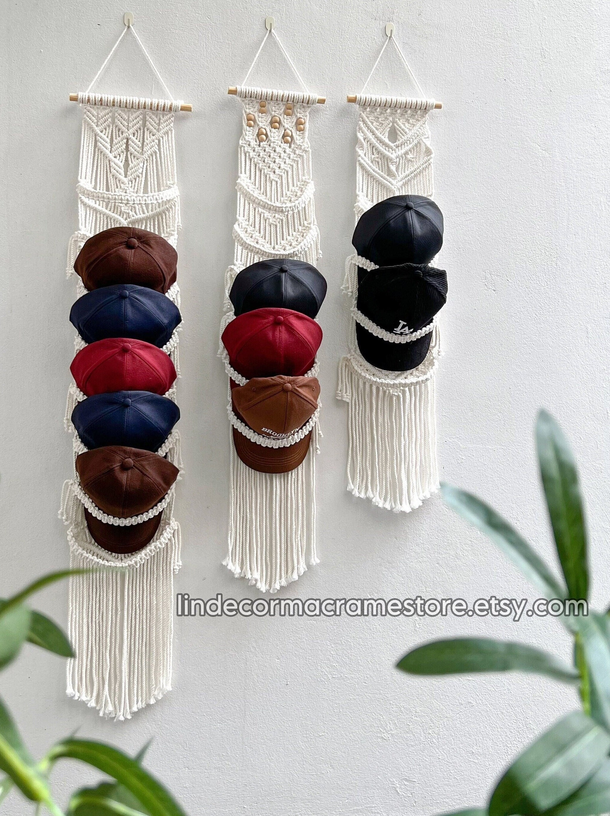 Porte-casquettes En Macramé Fait Main - Déco Bohème Pour Porte Ou Mur - 90 Cm - Rangement 6 Casquettes