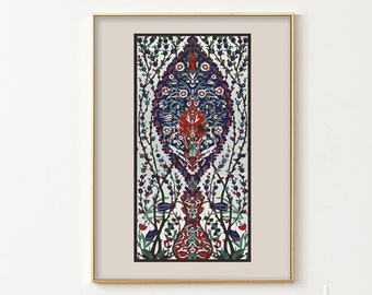 May include: A framed print of a colorful, intricate design featuring a stylized tree with blue, red, and green details. The design is reminiscent of traditional Turkish or Persian art.