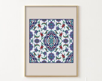 May include: A framed print of a square tile with a white background and a blue, green, and red floral pattern. The tile is surrounded by a gold frame.