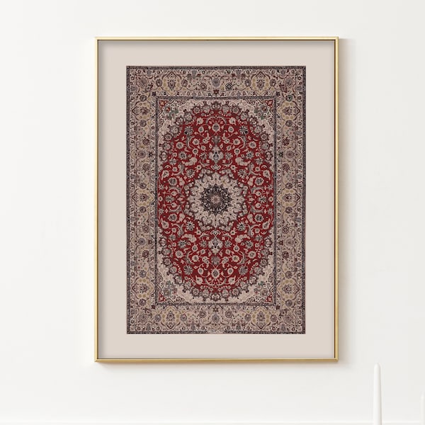 Persian Rug Simple / Art Print , Red , Beige , Ethnic Pattern , Printable Wall Art , Modern and Traditional , Digital Download , Wall Decor
