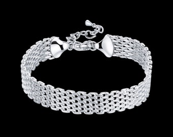 S925 Sterling Silver Mesh Bracelet Bangle Adjustable Elegant Women's Jewellery