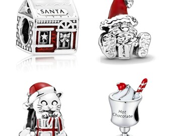 Christmas Charms S925 Sterling Silver For Pandora Bracelets Santa House Santa With Present Cat With Present And Hot Chocolate Charm