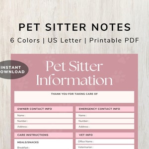 Pet Sitter Information | Pet Sitter Notes | Pet Sitter Checklist | Dog Sitter | Cat Sitter | Pet Sitter Printable | Digital Download PDF