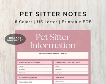 Pet Sitter Information | Pet Sitter Notes | Pet Sitter Checklist | Dog Sitter | Cat Sitter | Pet Sitter Printable | Digital Download PDF