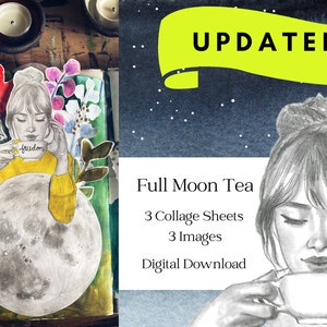 Collageblad volle maan thee, digitale download, volle maan kunst ritueel activiteit