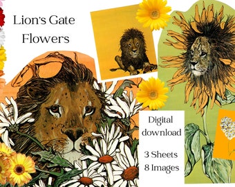 Lion Flowers Collage Sheet, Magic Grimoire Kit (Digital Download)
