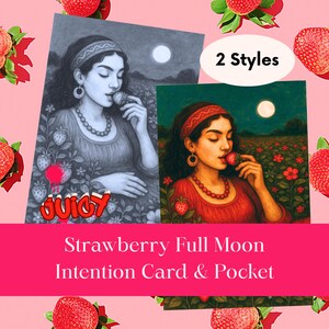 Strawberry Moon, Intentiekaart en zak, Digitale download, Art Journaling, Moon Ritual, Junk Journaling