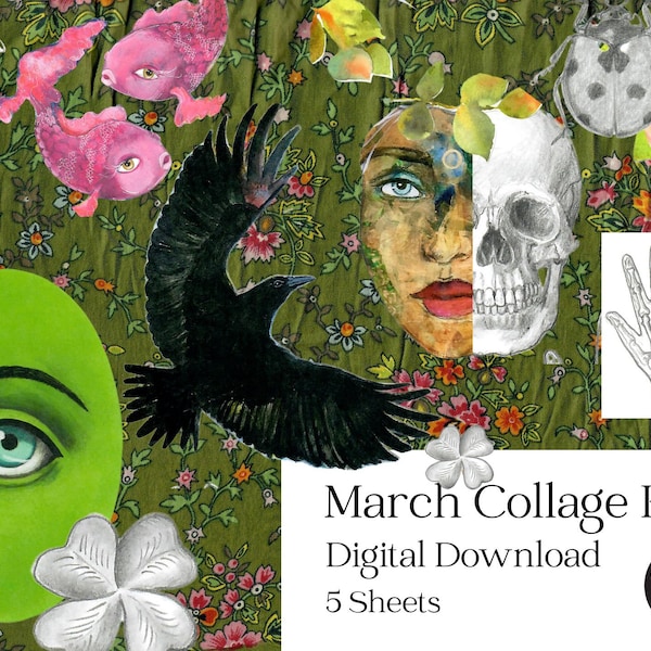 March Collage Sheets, Junk Journal Kit, Digital Download, Art Journal Supplies, Green Journal Kit